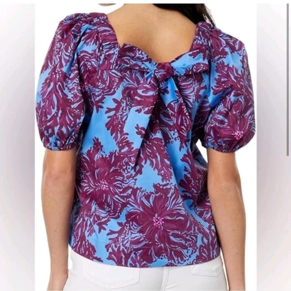 Lilly Pulitzer Torrey Floral Tie Back Top 10 Stretch Poplin Puff Sleeves Preppy